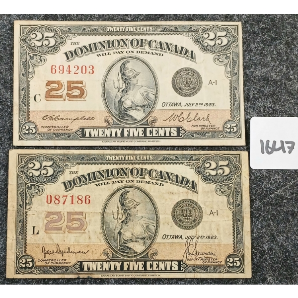LOT OF 2 - 1923 DOMINION OF CANADA 25 CENT BANKNOTES 