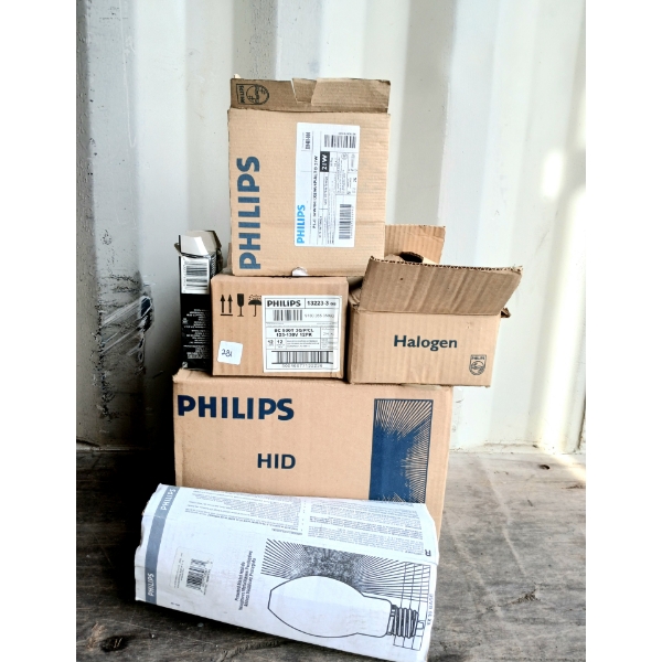 QTY OF LIGHT BULBS - PHILIPS 45W FLOOD, MASTER COLOUR UNIVERSAL PULSE START, ETC