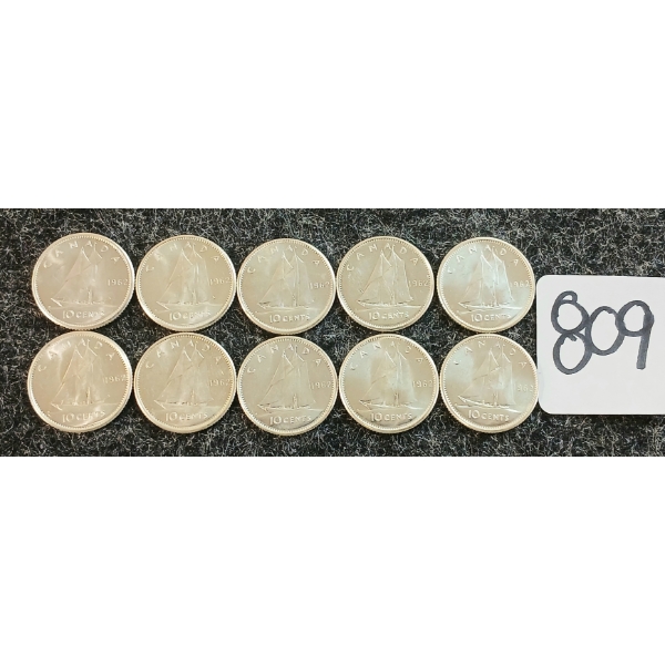 LOT OF 10 - 1962 CDN 10 CENT COINS