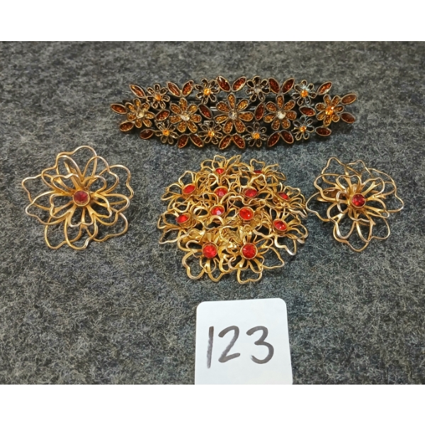 LOT OF 3 - RED RHINESTONE FLORAL BROOCH W/ MATCHING CLIP-ON EARRINGS & FLORAL HAIR CLIP