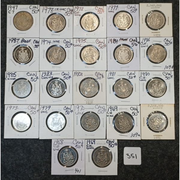 LOT OF 22 - 1947-1987 CDN 50 CENT PCS 