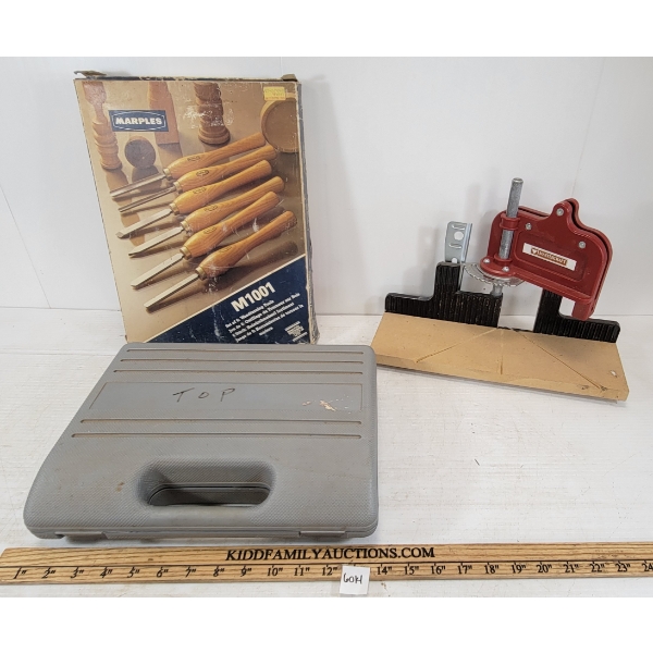 LOT OF 3 - MASTERCRAFT ANGLE SAW GUIDE, MARPLES WOOD TURNING TOOLS & MISC DRILL BIT SET, 