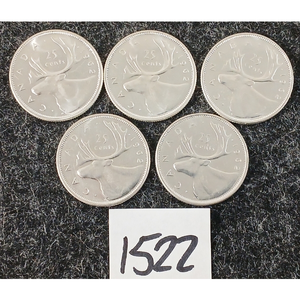 LOT OF 5 - 1962 CDN 25 CENT SILVER COINS