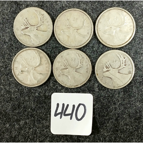 LOT OF 6 - 1938-1962 CDN 25 CENT COINS