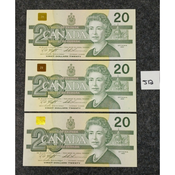 LOT OF 3 - 1991 CDN $20 BANKNOTES - SEQUENTIAL