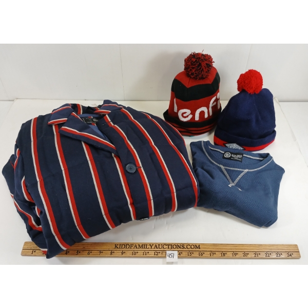 LOT OF 4 - MEN'S LONG-SLEEVED SHIRT, BANKS JACKET & WINTER HATS - MFG PENFIELD, POLER & ALL-DAY