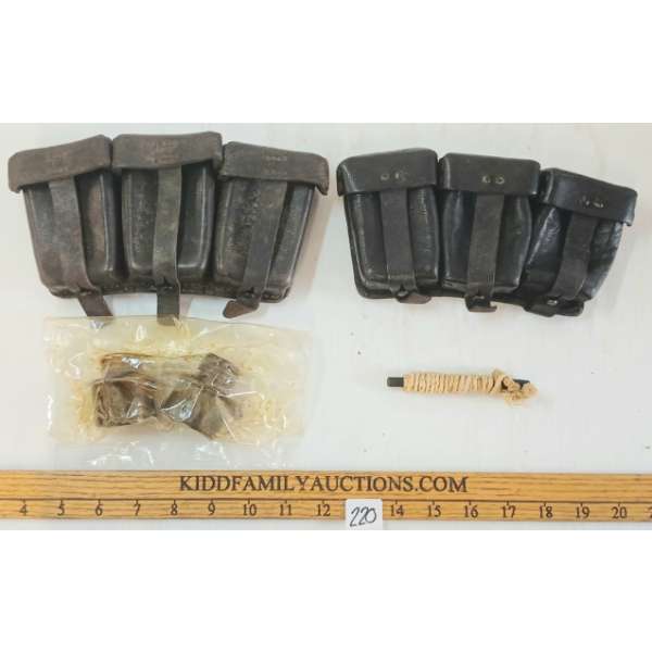 LOT OF 5 - WWII GERMAN MAUSER K98 AMMO POUCHES, OIL BOTTLES & BORE SNAKE