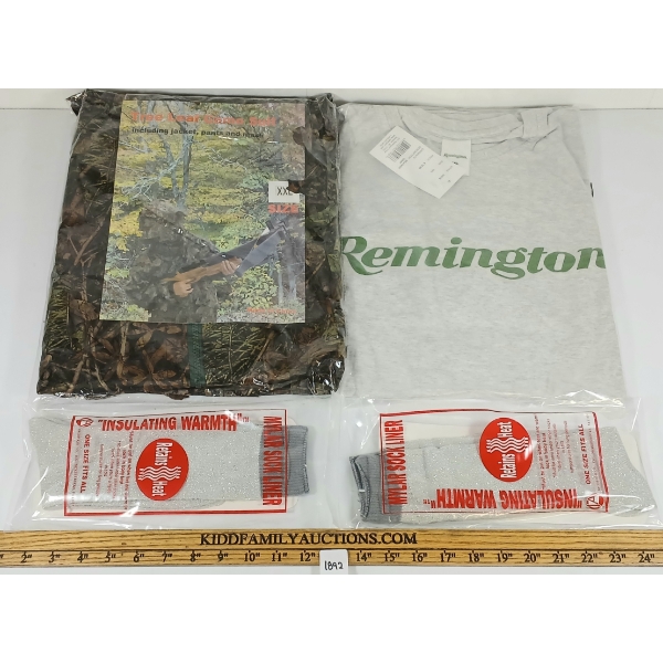 LOT OF 4 - TREE LEAF CAMO GHILLIE SUIT, REMINGTON T-SHIRT & MYLAR SOCK LINERS