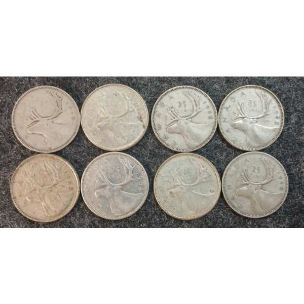 LOT OF 8 - 1948-1968 CDN 25 CENT COINS