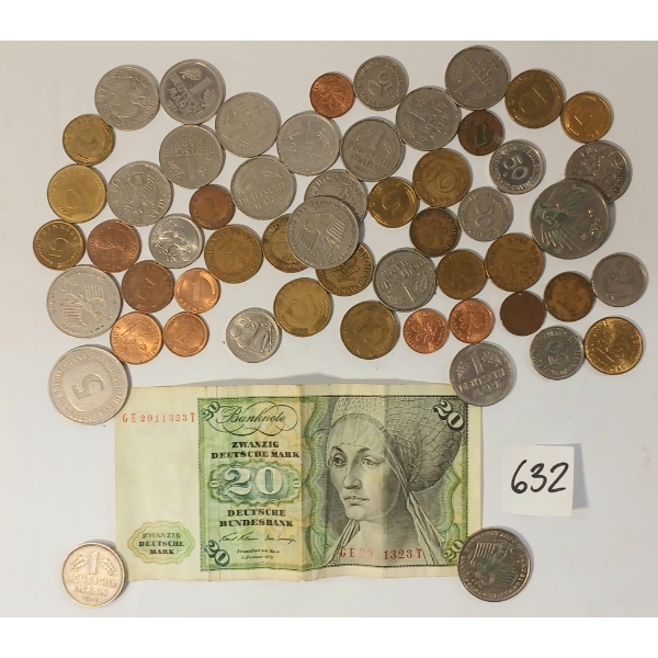 LOT OF 56 - 1950-1975 GERMAN COINS & 20 MARK BANKNOTE