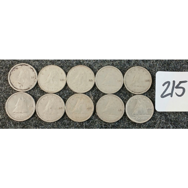 LOT OF 10 - 1939-1954 CDN 10 CENT COINS