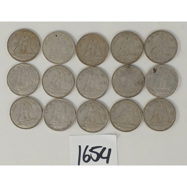 LOT OF 15 - 1968 CDN 10 CENT SILVER COINS