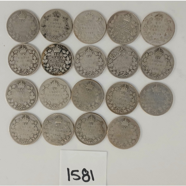 LOT OF 19 - 1920-1931 CDN 10 CENT SILVER COINS