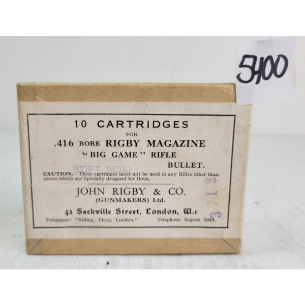 AMMO: 10X JOHN RIGBY & CO. .416 BORE "BIG GAME" RIFLE - SEALED