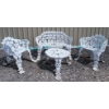 734  LOT OF 4  WROUGHT IRON ROCOCO STYLE GARDEN SET  INCL CHAIRS and SIDE TABLE