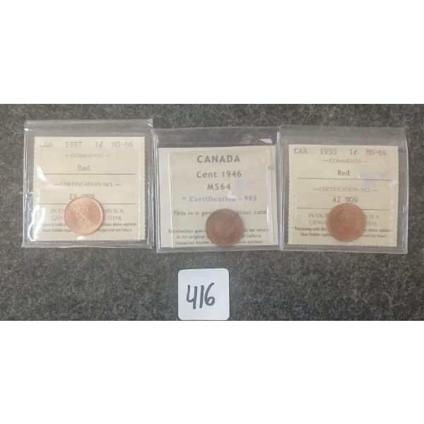 LOT OF 3 - 1946, 1950 & 1997 CDN 1 CENT COINS - ICCS GRADED
