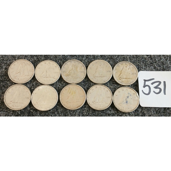 LOT OF 10 - 1942-1966 CDN 10 CENT COINS