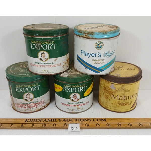 LOT OF 5 - TOBACCO TINS - INCL PLAYER'S & MACDONALD EXPORT, ETC