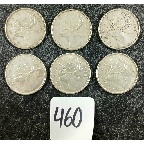 LOT OF 6 - 1940-1968 CDN 25 CENT COINS