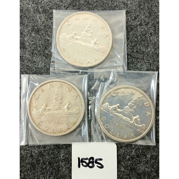 LOT OF 3 - 1955-1959 CDN SILVER DOLLARS - VOYAGEUR