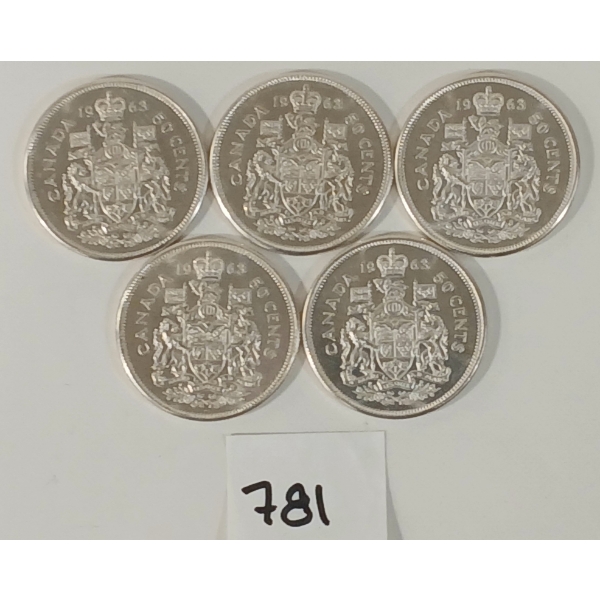 LOT OF 5 - 1963 CDN 50 CENT SILVER COINS