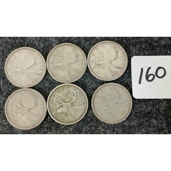LOT OF 6 - 1955, 1956, 1960, 1962, 1963 CDN 25 CENT COINS