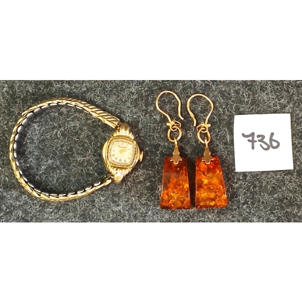 LOT OF 2 - AMBER 4.9K GOLD EARRINGS & LADIES' BULOVA WRISTWATCH