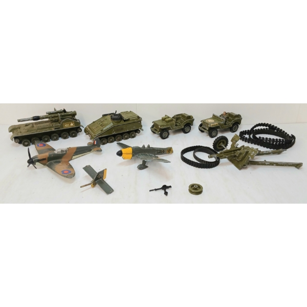 LOT OF 7 - DINKY DIECAST MILITARY MODELS - TANKS, JEEPS, PLANES, ETC