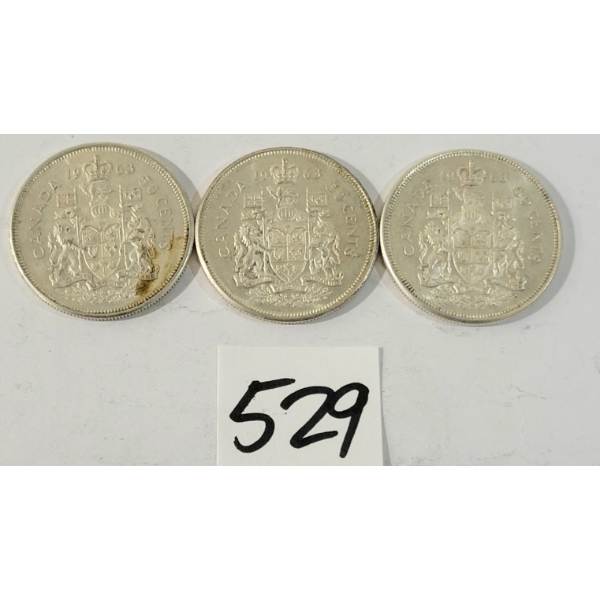 LOT OF 3 - 1963 CDN 50 CENT SILVER COINS