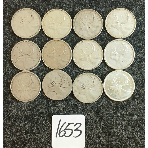 LOT OF 12 - 1943-1965 CDN 25 CENT COINS 