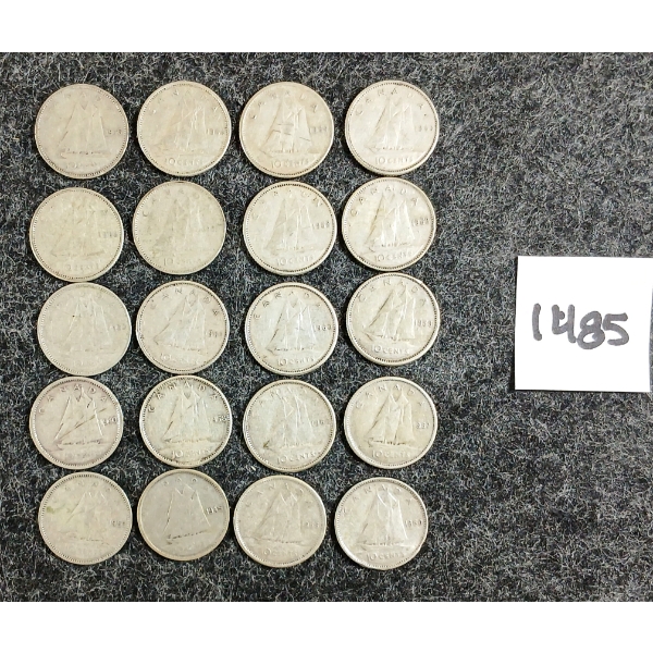 LOT OF 20 - 1945-1966 CDN 10 CENT SILVER COINS