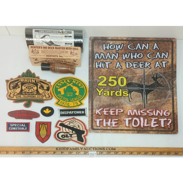 JOB LOT - HUNTER TIN SIGN, LONGARM CLIP, HERTER'S WORLD-FAMOU GAME CALL & MISC SHOOTER PATCHS