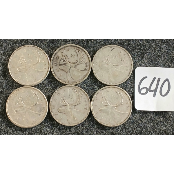 LOT OF 6 - 1952-1966 CDN 25 CENT COINS