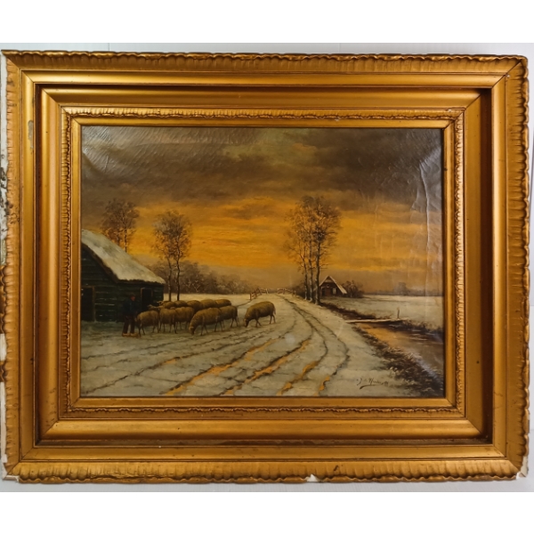SHEPHERD W/ SHEEP SCENE BY N.J. DE HERDER (19TH CENTURY ARTIST) - FRAMED OIL ON CANVAS