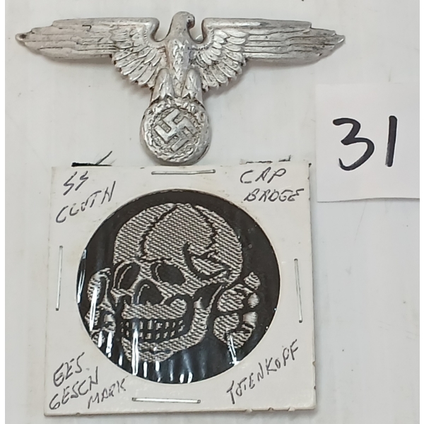 LOT OF 2 - WWII GERMAN SS VISOR CAP EAGLE & TOTENKOPF PATCH