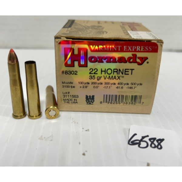 AMMO: 23X LIVE & 1X BRASS HORNADY .22 HORNET - 35 GR V-MAX