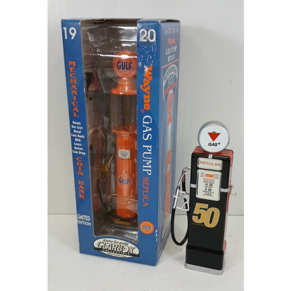 LOT OF 2 - COIN BANKS - INCL GEARBOX GULF GAS PUMP & GOLDEN ESSENCE