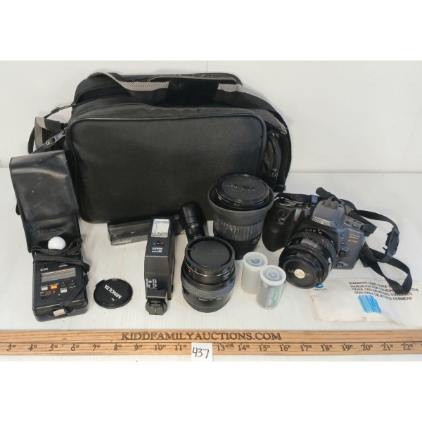 JOB LOT - PHOTOGRAPHY ACCESSORIES - MINOLTA DYNAX 500SI, ASAHI PENTAX WINDER ME, CARRIER, ETC