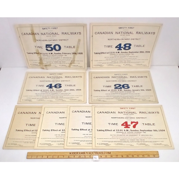 LOT OF 8 - CNR TIME TABLES - INCL 1927, 1929 & 1934, ETC
