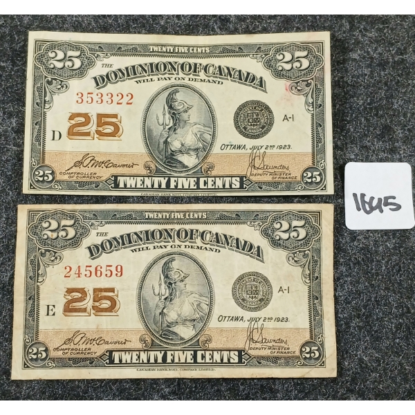LOT OF 2 - 1923 DOMINION OF CANADA 25 CENT COINS 