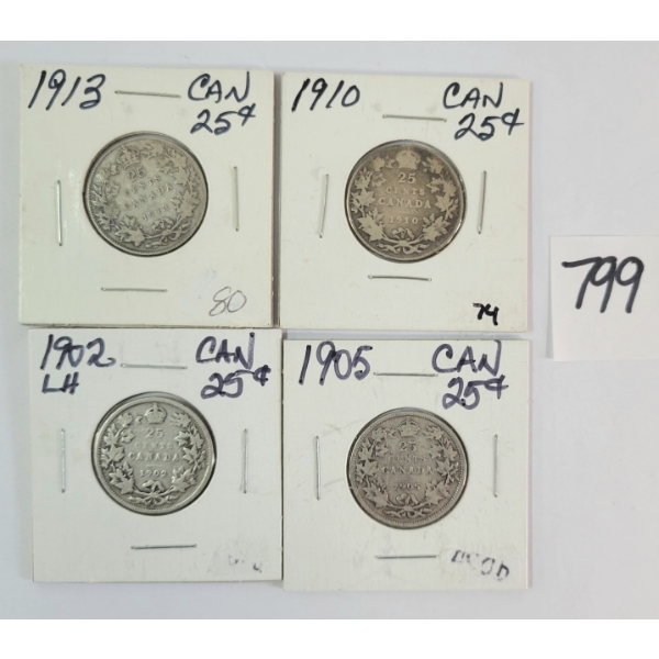 LOT OF 4 - 1902, 1905, 19010 & 1913 CDN 25 CENT SILVER COINS