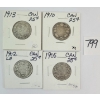 LOT OF 4 - 1902, 1905, 19010 & 1913 CDN 25 CENT SILVER COINS