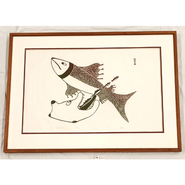 "FISH & BEAR" BY PUDLO PUDLAT (1916 - 1992) - FRAMED STONECUT