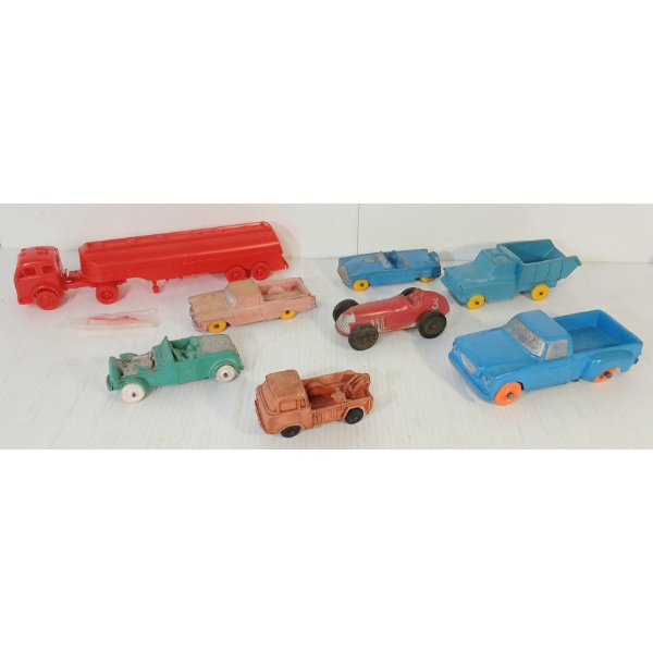 LOT OF 8 - RUBBER VEHICLES & PLASTIC TANKER TRUCK MODEL