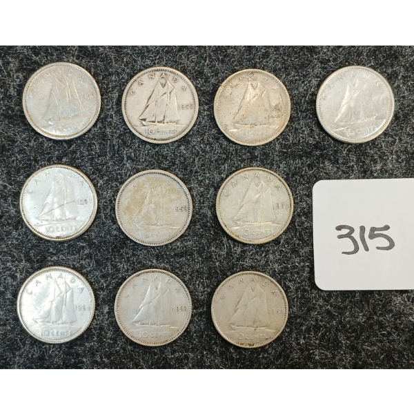 LOT OF 10 - 1941-1965 CDN 10 CENT COINS 