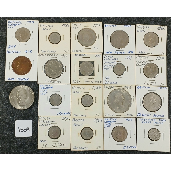 LOT OF 19 - 1935-1970 BRITISH MISC COINS - INCL 1 PENNY, 55 CENT, 10 PENCE, ETC