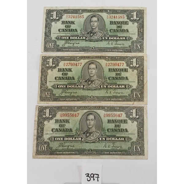 LOT OF 3 - 1937 CDN $1 BANKNOTES