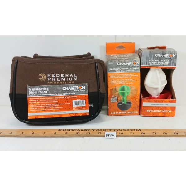 LOT OF 3 - CHAMPION DURASEAL WOBBLE TARGETS & TRAPSHOOTING SHELL POUCH