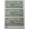 Image 2 : LOT OF 3 - 1954 CDN $1 BANKNOTES - SEQUENTIAL