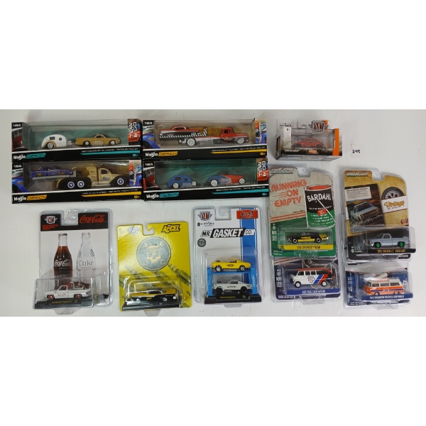 LOT OF 12 - MAISTO, M2 & GREEN LIGHT MODELS - INCL MR. GASKET CO., '85 SILVERADO, FLAT BEDS, ETC